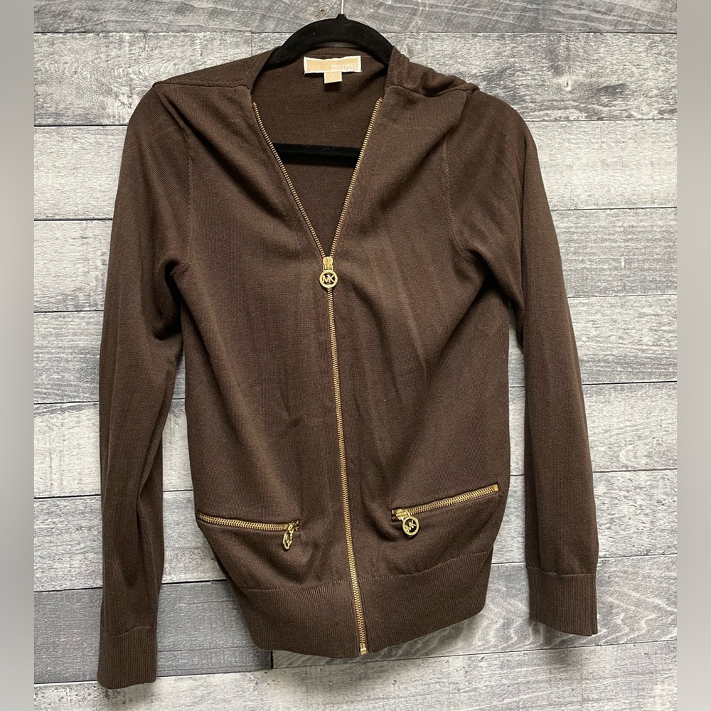 Michael Kors brown sweater gold zipper brown small